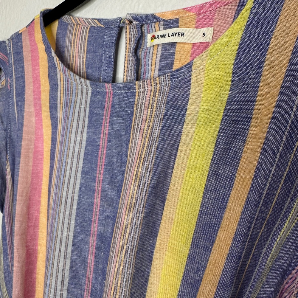 Marine Layer Linen Blend Laney Mini Dress in Blue Variegated Stripe Size Small - Picture 8 of 10